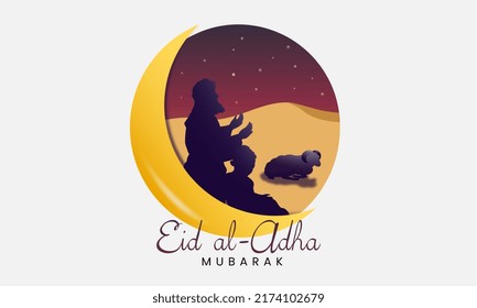 Portrait Of The Silhouette Of Prophet Ibrahim Sacrificed His Son Ismail. Story Of A Prophet From The Quran. Eid Al-Adha Mubarak Poster Background.