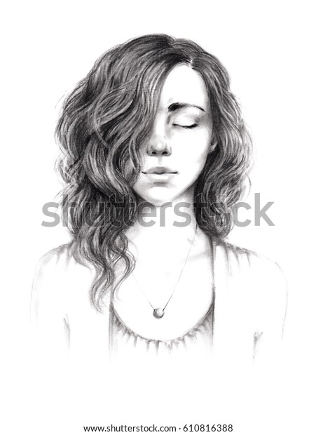 Portrait Sketch Beautiful Young Girl Curly Stock