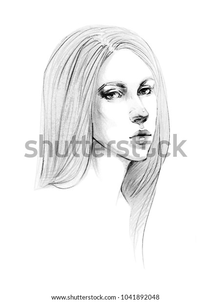 Portrait Sketch Young Beautiful Girl Long Stock Illustration