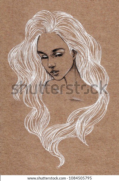 Portrait Sketch Young Beautiful Girl Long Stock Illustration