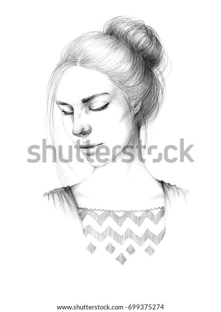 Portrait Sketch Young Beautiful Girl Neat Stock Illustration