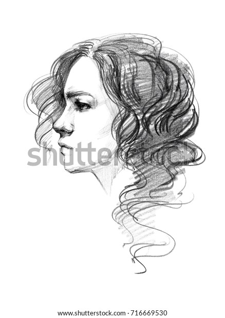 短い縮れた毛の頭を輪郭にしたかわいい女の子を描く 若い美しい女の子の速い鉛筆のポートレートスケッチ のイラスト素材