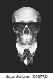 Portrait Skull in suit  Hand drawn illustration 