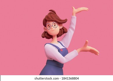 Portrait of smiling cute сasual brunette girl in glasses wearing blue apron, white t-shirt showing empty copy space on open hand palm for text. Minimal stylized art style. 3d render on pink background - Powered by Shutterstock