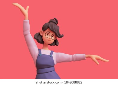 Portrait of smiling cute сasual brunette girl in glasses wearing blue apron, white t-shirt in dancing pose. Young woman enjoying yoga practice. Minimal stylized art style. 3d render on red background.