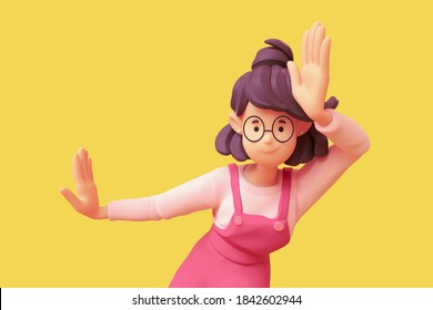 Portrait of smiling cute сasual brunette girl in glasses wearing pink apron, white t-shirt in dancing pose. Young woman enjoying yoga practice. Minimal stylized art style. 3d render on yellow backdrop