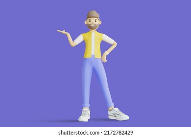 Portrait of smiling cute сasual brunette man wearing blue and yellow t-shirt doing welcome gesture inviting new customer. Minimal stylized art style. 3d rendering - Powered by Shutterstock