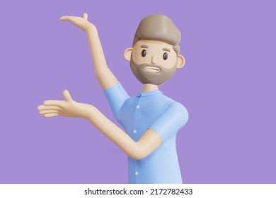 Portrait of smiling cute сasual brunette man wearing blue shirt doing welcome gesture inviting new customer. Minimal stylized art style. 3d rendering - Powered by Shutterstock