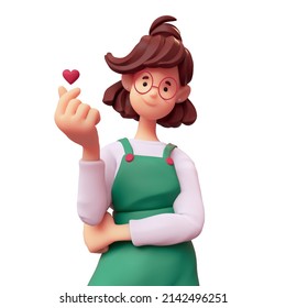 Portrait of smiling funny positive casual brunette girl in glasses wearing green overalls makes korean love sign, finger heart gesture. I Love You. Minimal style. 3d render isolated on white backdrop. - Powered by Shutterstock