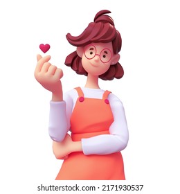Portrait of smiling funny positive casual brunette girl in glasses wearing orange overalls makes korean love sign, finger heart gesture. I Love You. Minimal style. 3d render isolated on white backdrop