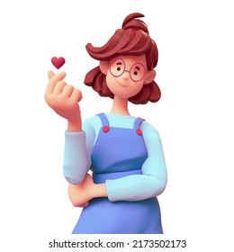 Portrait of smiling funny positive casual brunette girl in glasses wearing blue overalls makes korean love sign, finger heart gesture. I Love You. Minimal style. 3d render isolated on white backdrop. - Powered by Shutterstock