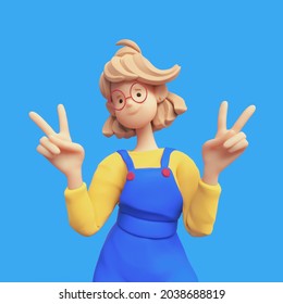 Portrait of smiling positive casual blonde girl in red glasses wearing blue apron, yellow t-shirt shows fingers doing peace sign, victory symbol, number two, successful person. 3d render minimal style