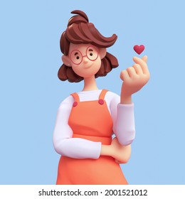 Portrait of smiling positive casual brunette girl in glasses wearing orange apron, white t-shirt makes korean love sign, finger heart gesture. I Love You. Minimal art style. 3d render on blue backdrop - Powered by Shutterstock