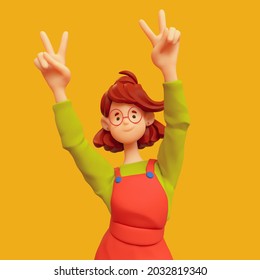 Portrait of smiling positive casual brunette girl in glasses wearing red apron, green t-shirt raises her hands up shows fingers peace sign, victory symbol. Minimal style. 3d render on yellow backdrop.