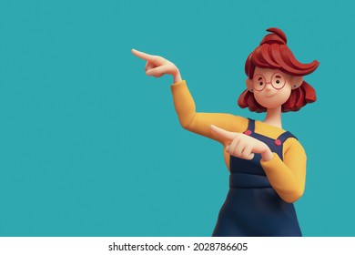 Portrait of smiling positive funny casual redhead girl in glasses wearing blue apron, yellow t-shirt showing you way, pointing her finger to empty copy space for advertising. Minimal style. 3d render.