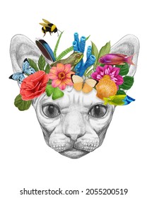 Portrait Of Sphynx Cat With A Floral Crown.  Flora And Fauna. Hand-drawn Illustration, Digitally Colored.