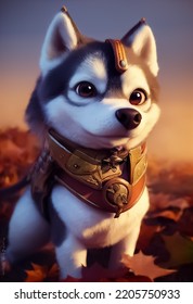 Portrait Of Super Cute Dog Wearing Cool Armor In The Future World, 3D Illustration.