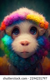 Portrait Of Super Cute Monkey With Colorful Decorations And Adorable Big Eyes, Digital Illustration