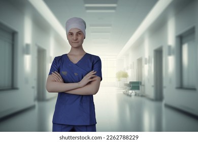 Portrait of surgical doctor standing in hospital corridor. 3D illustration image. - Powered by Shutterstock