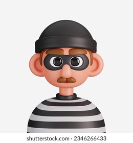 Portrait of a thief isolated on white background. Essential workers avatar icons. Characters for social media and networking, user profile, website and app. 3d Render illustration.