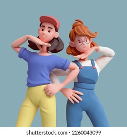 Portrait of two cute kawaii excited asian colorful active red-haired brunette k-pop girls in fashion casual yellow blue clothes in dancing pose hold one hand under chin other hand on hip. 3d render - Powered by Shutterstock