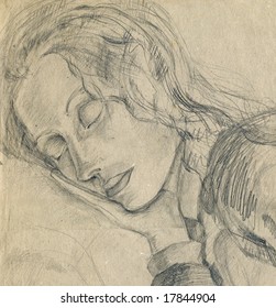 portrait unknown young sleeping girl  hand drawing picture