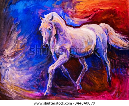  portrait of a white horse. Oil painting on canvas. Modern art