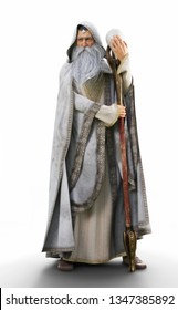 Portrait of a white wizard with staff on an isolated white background. 3d rendering
