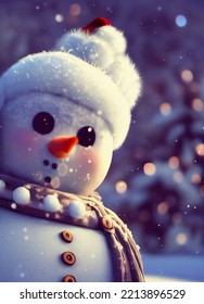 Portrait Of Winter Snowman, Soft Features, Adorable, Cute, Smiling, Snow, Christmas, Cinematic Lighting