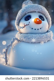 Portrait Of Winter Snowman, Soft Features, Adorable, Cute, Smiling, Snow, Christmas, Cinematic Lighting