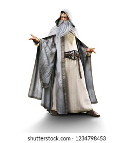 Portrait of a wizard preparing to cast a spell on an isolated white background. 3d rendering