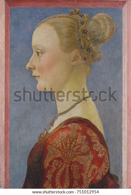 1480年 イタリア ルネサンス絵画 テンペラ オン ウッド作 ピエロ デル ポリウオロの女性のポートレート フィレンツェ人の若い女性の横顔 線形エレメントは 微妙なモデリングで図形を定義します のイラスト素材