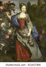 Portrait of a Woman, as Flora, by school of Nicolas de Largilliere, 1690-1740, French oil painting. According to tradition this is Marie Louise Elisabeth d'Orleans, Duchess of Berry