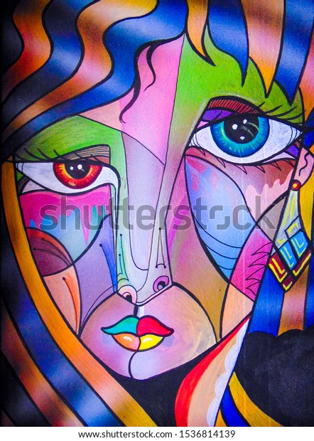 Portrait Woman Sad Face Cubist Style Stock Illustration 1536814139