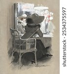 Portrait of a Woman Seated at a Table (1896) watercolor by Will Houghton. Woman looking in mirror vintage illustration. Vintage female art drawing illustration, old painting art print of woman.