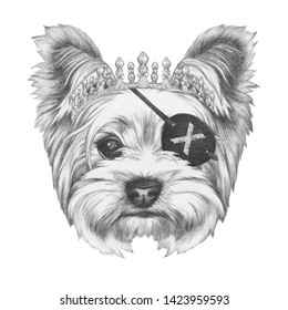 Portrait of Yorkshire Terrier Dog with diadem and eye patch. Hand-drawn illustration.