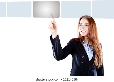 Portrait Of A Young Beautiful  Business Woman Pressing On A Virtual Button Interface (concet Pt)