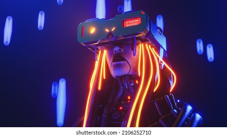 Portrait of young cyber girl with glowing red yellow wires hair wears science fiction metal virtual reality glasses. Cyberspace Augmented Reality, futuristic vision. 3d render on dark blue backdrop. - Powered by Shutterstock