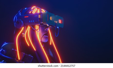 Portrait of young cyber girl with glowing red yellow wires hair wears science fiction metal virtual reality glasses. Cyberspace Augmented Reality, futuristic vision. 3d render on dark blue backdrop.
