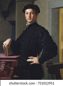 PORTRAIT OF A YOUNG MAN, By Bronzino, 1530s, Italian Renaissance Painting, Oil On Wood. The Sitter Is Thought To Be One Of Bronzinos Literary Friends In Florence. There Are Carved Grotesque Heads On T