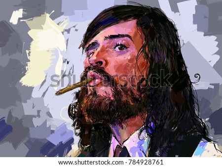 Portrait of a young man with a cigarette. Bright Picture for interior paintings and wallpapers. Fashionable Image is drawn on a tablet, ready for printing and the web. Post-impressionism.