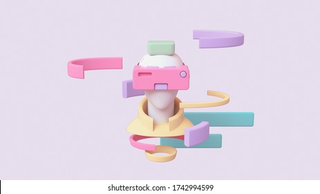Portrait of young man in yellow jacket with green hair using pink purple virtual reality VR headset. Abstract man wears VR floating in the air sees infographic. Front view. 3d render in pastel colors