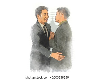 Portrait Of Young Men Standing Close Cuddling. Abstract Digital Painting Gay Couple Hold Hands Happy Smiling With Hug. Two People Equality Embracing Intimate Relationship Bonding As Homosexual Lover.