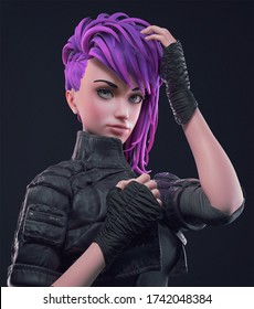Portrait of a young rebel girl in a leather jacket, gloves. Urban woman with blue eyes and purple hair. Beautiful cyberpunk girl looking to the camera confidently. 3d illustration on a dark background