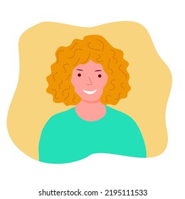 Portrait Of Young Smiling Girl With Red Curly Hair, Avatar For Social Network, Flat Raster