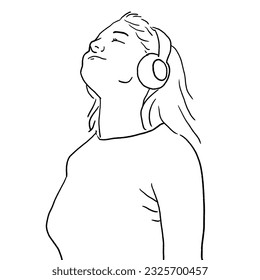 Portrait of Young woman standing and smiling with eyes closed listen to the music or podcast from headphones. line Drawing illustration. - Powered by Shutterstock