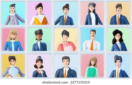 Portraits of business people, team. Characters smiling to camera. Online conference, video chat concept. 3D rendering illustration  - Powered by Shutterstock