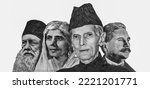 Portraits: Quaid-e-Azam Muhammad Ali Jinnah, Sir Syed Ahmad Khan, Allama Sir Muhammad Iqbal, Mohtarma Fatima Jinnah, Portrait from Pakistan 75 Rupees 2022 Banknotes.