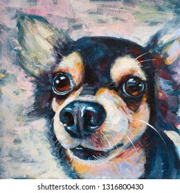 Portriat of adorable chihuahua dog painting on canvas, acrylic color.