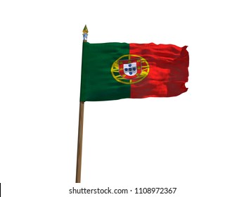 Portugal Flag Isolated Silk Waving Flag Of Portuguese Republic Made Transparent Fabric With Wooden Flagpole Golden Spear On White Background Isolate Real Photo Flags Of World Countries 3d Illustration